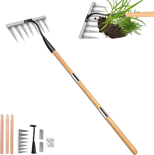 Vista 8 de Rastrillo de jardín, herramientas de jardinería rastrillo resistente con 5 púas de metal, herramientas afiladas de jardín, todas las herramientas