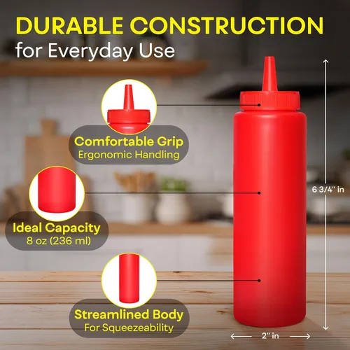 Vista 3 de BRIGHTFROM Botellas exprimibles para condimentos, botella vacía roja de 8 onzas con cuello ancho, ideal para salsa de tomate, mostaza, jarabe