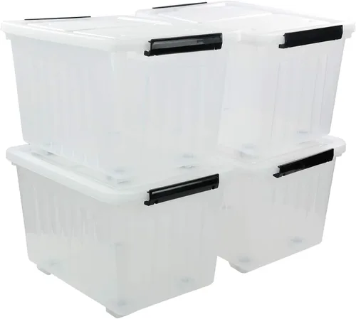 Vista 10 de Bringer Paquete de 4 cajas de almacenamiento de plástico transparente de 30 L, contenedor de almacenamiento grande con ruedas con tapa
