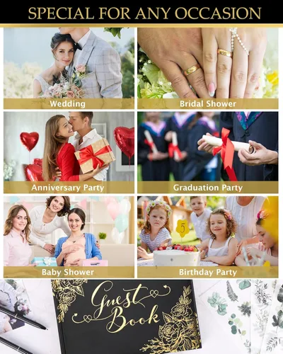 Vista 6 de Libro de invitados de boda negro - Libro de invitados para recepción de boda con bolígrafos - 9x7' Libro de invitados de boda personalizado
