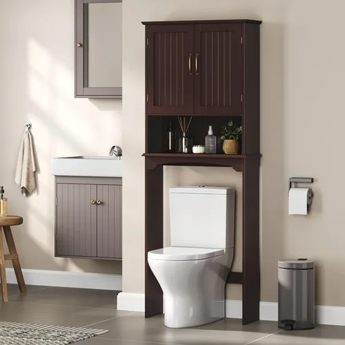 Vista 2 de Yaheetech Almacenamiento sobre el inodoro con 2 puertas y estante ajustable, estante de inodoro independiente de madera que ahorra espacio, gabinete