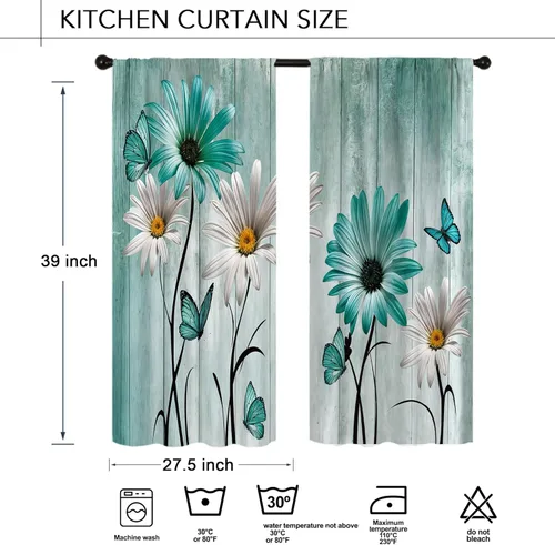 Vista 6 de Cortinas de cocina con estampado floral verde azulado de 27.5 pulgadas de ancho x 39 pulgadas de largo, 2 paneles con bolsillo para barra, rústicas
