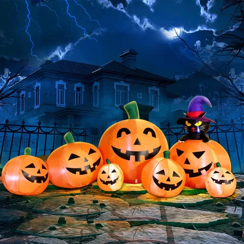 DomKom Calabaza inflable de 8 pies de largo con gato negro, decoración de Halloween al aire libre con luces LED