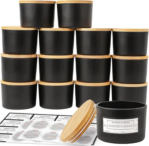 Vista 13 de CONNOO Paquete de 15 tarros de vela de vidrio ámbar de 4 onzas con tapas de bambú para hacer velas, recipientes de vidrio pequeños de boca ancha a