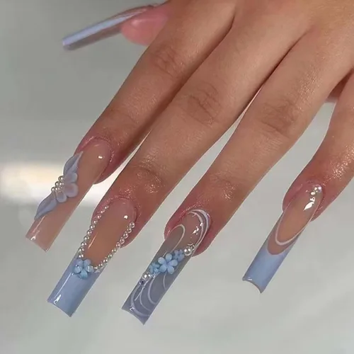 Vista 25 de Uñas postizas francesas a presión, uñas postizas largas de acrílico con forma de ataúd de cobertura completa, uñas postizas de bailarina