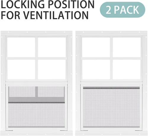 Vista 5 de Tandefio Paquete de 2 ventanas de cobertizo blanco de 14 x 21 pulgadas, ventanas corredizas con vidrio templado y pantalla para el hogar