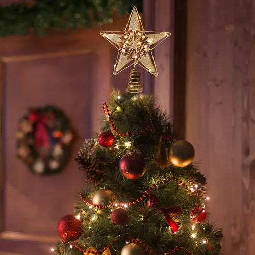 Vista 8 de Decoración para árbol de Navidad, 15 luces LED iluminadas para árbol de Navidad, decoración de estrella dorada para decoración interior del hogar