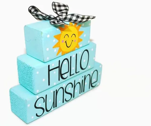 Vista 3 de Celebrate Summer with 'Hello Sunshine' WoodenBlock Shelf Sitter Stack Signs for Home Decor.
