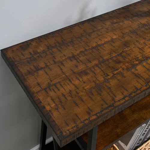 Vista 5 de MODERION Mesa consola con mesa dentada, mesa de entrada de madera maciza con estante de almacenamiento, mesa de pasillo rústica de 3 niveles, mesa