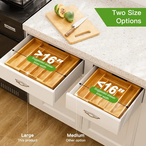 Vista 7 de Pipishell Organizador de cajones extensible de bambú para soporte de utensilios, bandeja de cubiertos ajustable, organizador de separadores