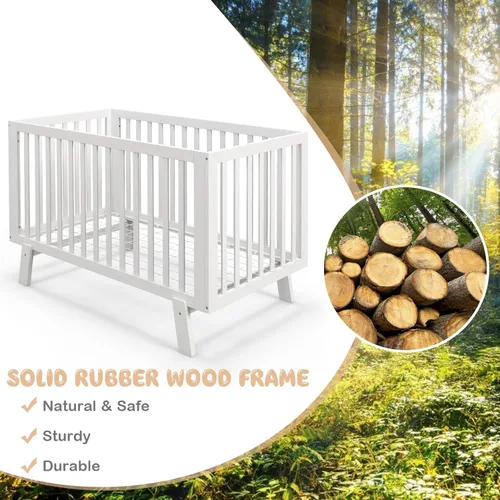 Vista 3 de BABY JOY Cuna de madera para bebé, cuna de madera de goma con base de soporte de colchón ajustable de 3 alturas y barandillas de longitud completa