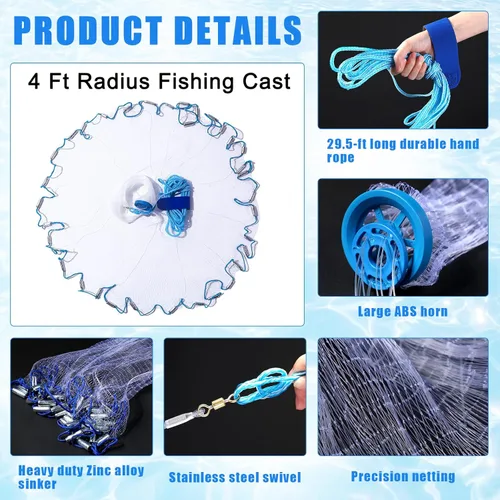Vista 4 de Windyun Red de pesca de 3 piezas con plomada resistente, portátil, plegable, para langosta, cangrejo, trampa de pesca con mango telescópico largo