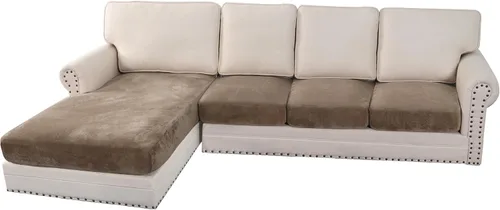 Vista 218 de H.VERSAILTEX - 4 fundas elásticas de terciopelo para cojín de sofá modular en forma de L (sofá grande de 3 plazas + 1 diván, color marfil)