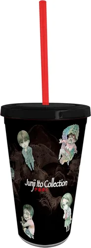 Vista 2 de ABYSTYLE Junji Ito Chibi - Vaso de plástico acrílico de 16 onzas con popote reutilizable y tapa a prueba de fugas, sin BPA con Tomie, Souichi, Fuchi