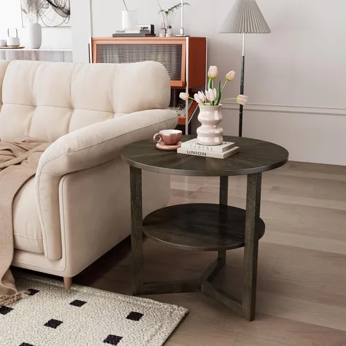 Vista 16 de PADMA HOUSE Mesa auxiliar redonda de madera de 19.3 pulgadas, mesa auxiliar redondeada de madera maciza de 2 niveles, mesa auxiliar circular