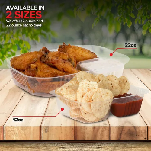 Vista 5 de Bandejas de nachos de plástico de 12 oz (paquete de 500) Bandeja desechable pequeña para nachos y salsa de queso, suministros para puestos de venta