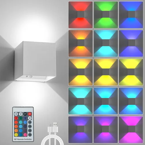 Luz de Pared LED RGB, Aplique de Pared con Batería de 6000mAh, 16 Colores, Recargable, Control Remoto, Regulable, Magnética, Luz de Pared