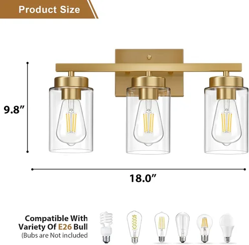 Vista 4 de IZORRO Moderna lámpara de baño, 3 luces doradas cepilladas, accesorios de iluminación de baño sobre espejo con vidrio transparente para sala