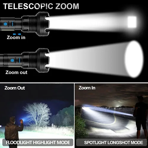 Vista 4 de Hoxida Linternas tácticas recargables LED de alto lúmenes, linterna más brillante Xhp90 con luz lateral de mazorca, potente linterna de emergencia