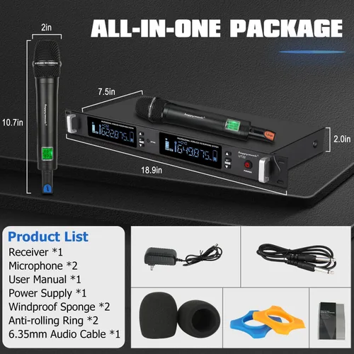 Vista 7 de Sistema de micrófono inalámbrico UHF profesional, micrófono de metal de 2 canales, juego de 2 micrófonos inalámbricos de mano, escaneo automático, 2