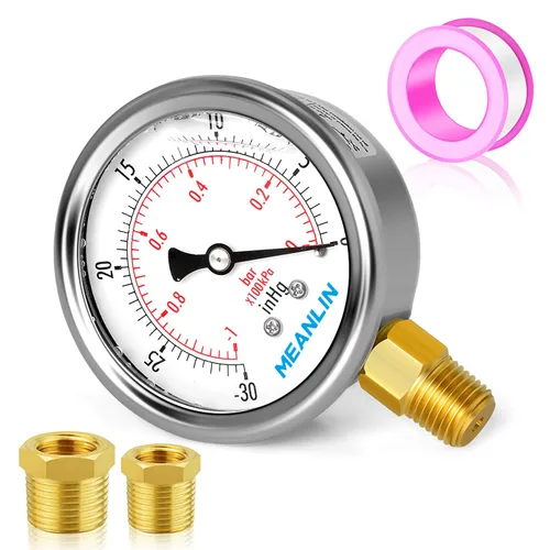 Vista 106 de MEANLIN MEASURE - Manómetro electromecánico de acero inoxidable, relleno de líquido, esfera con cara de 2.5 pulgadas, NPT de 1/4 de pulgada, agua