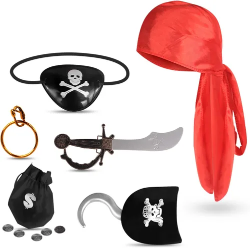 Pirate Costume for Kids, Halloween Party Pirate Costume Set 7 Pcs, Carnival Dress Up Costume, Pirate Captain Crew Cosplay, Kids Role Play Game, Boys