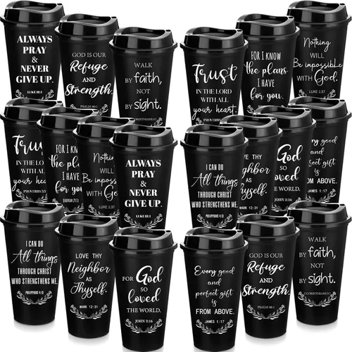 Skylety Paquete de 20 Regalos Cristianos para Hombres y Mujeres 16oz Vasos Reutilizables con Versículos Bíblicos a Granel con Tapa, Tazas de Café de