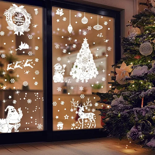 Vista 5 de 219 calcomanías de Navidad para ventanas, copos de nieve, decoración de Navidad, para interiores, con árbol de Navidad, Papá Noel, reno, decoración