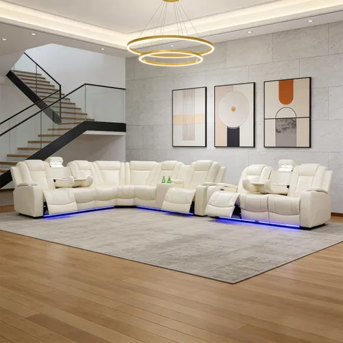 Vista 40 de Juego de sofá modular reclinable eléctrico para sala de estar, juego de sofá reclinable de cuero con luces LED / almacenamiento oculto, sofá en Beige