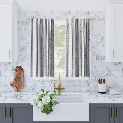 Vista 6 de Archaeo Cenefa de cortina de algodón a rayas con textura Slub, 52 x 14 pulgadas, negro/blanco