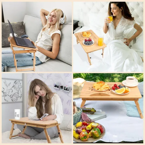 Vista 6 de JELNER Escritorio de bambú ajustable para laptop con ventilador de refrigeración, bandeja de cama plegable para desayuno, escritura y dibujo