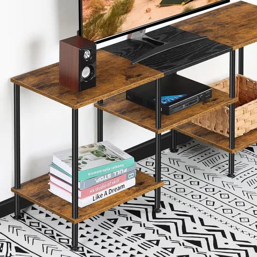 Vista 3 de Soporte de TV de 50 pulgadas para dormitorio, centro de entretenimiento de color marrón rústico con almacenamiento, mesa de TV de 3 niveles