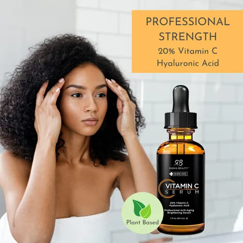 Vista 3 de Sérum vitamina C para cara Radha Beauty, 2 onzas Líquidas, 20 % de vitamina C + E + ácido hialurónico orgánicos, también se puede utilizar