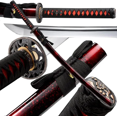 Vista 10 de Espada Katana Tradicional Forjada a Mano con Templado de Calor/Arcilla Verdaderas Katanas de Acero al Carbono 1060/1095 T10, Afilar, Espiga
