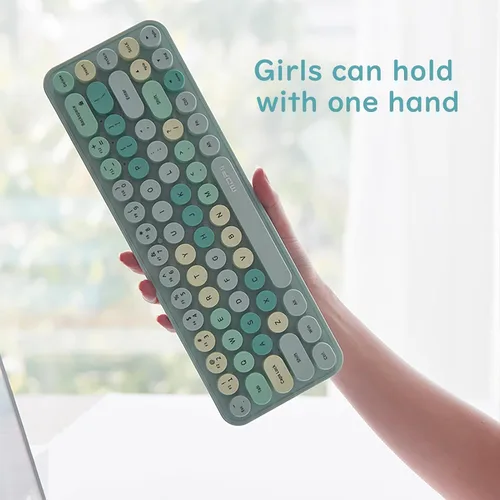 Vista 5 de Combo compacto de teclado y mouse inalámbricos, teclas redondas coloridas, sin sonido, 68 teclas, adecuado para niñas y niños, compatible con Verde