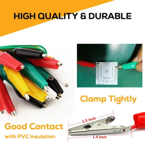 Vista 5 de 10 clips eléctricos de cocodrilo de alta calidad, 5 cables de prueba de colores con sondas de prueba, cables de puente de cocodrilo con clips