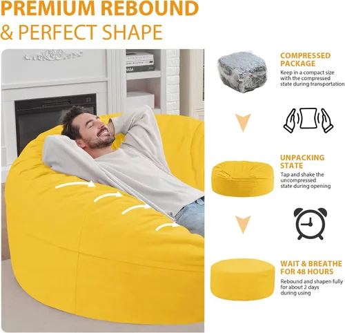 Vista 54 de Puf de 5 pies, puf grande con relleno de espuma viscoelástica, sofá puff esponjoso con funda de terciopelo holandés, puf redondo para sala de estar