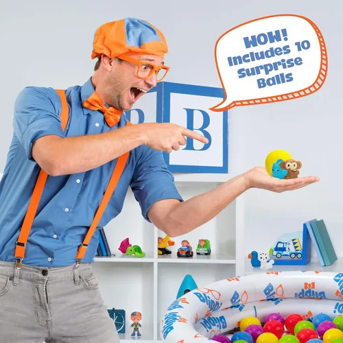 Vista 2 de Blippi Ball Pit Mystery Adventure, con pozo de bolas inflable portátil para interiores y exteriores, 35 bolas de plástico, 10 bolas sorpresa con 10