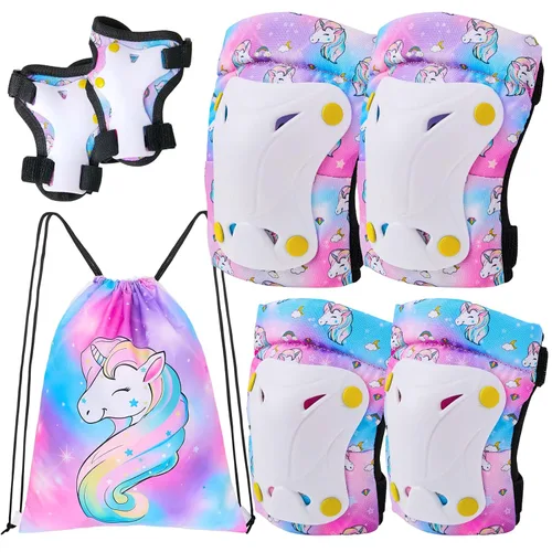 Vista 9 de FIODAY Rodilleras para niños, rodilleras para niños pequeños y coderas, muñequeras con bolsa de cordón, juego de equipo de protección ajustable