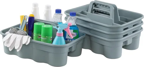 Vista 6 de Paquete de 4 cajas de limpieza de plástico con asa, organizador de herramientas de limpieza de plástico, gris