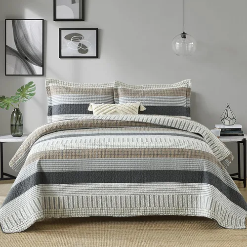 Vista 13 de Finlonte Edredón tamaño Queen, 100 % algodón, colchas tamaño Queen a cuadros azules, beiges y blancas, colcha ligera, suave, transpirable