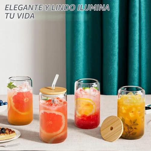 Vista 3 de 20 vasos de vidrio con tapas y pajitas de bambú, vaso de vidrio de 16 onzas, taza de café helado, vasos con forma de lata para café, té, batido