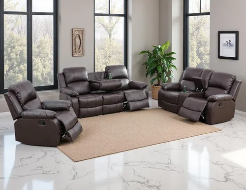 Vista 20 de Sofá reclinable manual, sofá reclinable de lujo de 3 plazas, sofá reclinable con portavasos y mesa de café, sofá de cuero sintético para sala