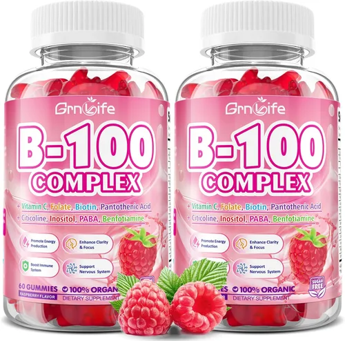 Vista 8 de Gomitas de complejo de vitamina B, todas las vitaminas B + metilo B12, B1, B2, B3, B5, B6, biotina, metilfolato, vitamina C, colina, inositol, PABA