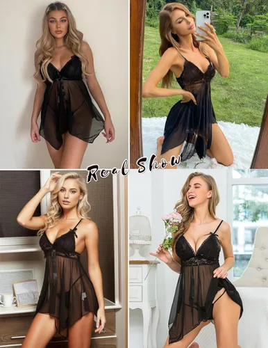 Vista 2 de Camisón Avidlove, lencería de encaje, babydoll, cuello en V, satinado, para mujer