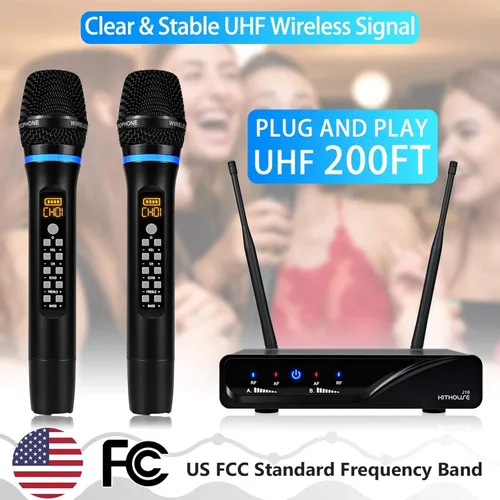 Vista 4 de Micrófono inalámbrico J10 Sistema de karaoke recargable, micrófono inalámbrico de metal UHF de mano con control de graves agudos de volumen y caja