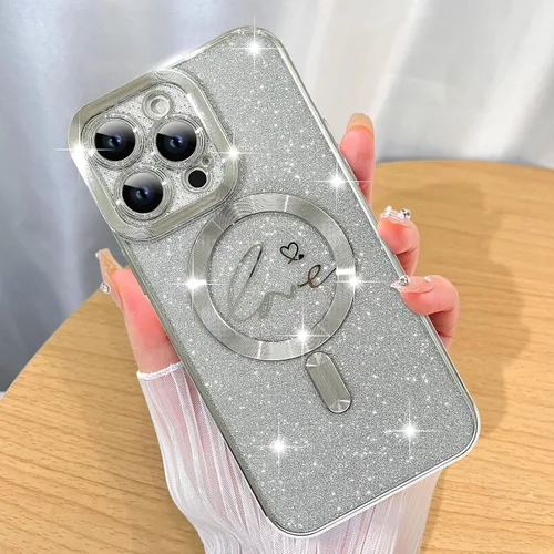 Vista 55 de ZIYE Funda Magnética Diseñada para iPhone 14 Funda con Purpurina Plateado de Lujo Corazón de Amor Compatible con MagSafe Funda Transparente con Negro