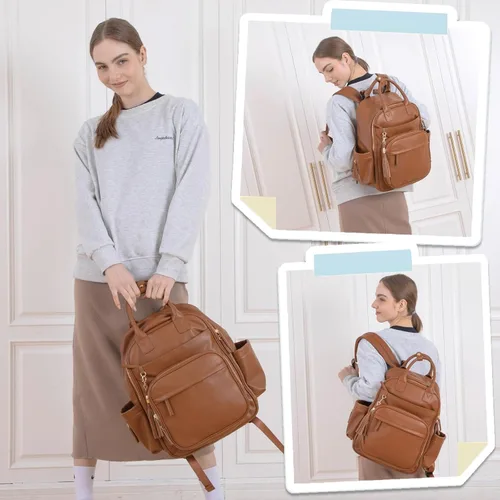 Vista 2 de Omanmoli Bolsa de pañales Mochila de cuero Bolsa de bebé Mochila de pañales Congac