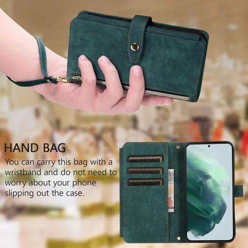 Vista 7 de UEEBAI Funda para iPhone 12 Mini de 5.4 pulgadas, 9 ranuras para tarjetas, cartera de cuero retro a prueba de golpes, con correa de mano, ranuras