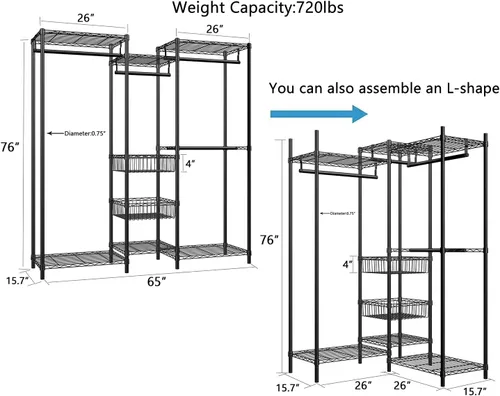 Vista 4 de Xiofio Perchero resistente de 6 niveles con varillas para colgar, estante de metal para ropa, estantes ajustables y 2 cestas de almacenamiento Negro